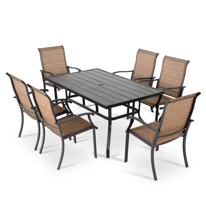 7 -Piece Black Patio Dining Set Iron Rectangle Table with 6 Brown Stationary Chairs