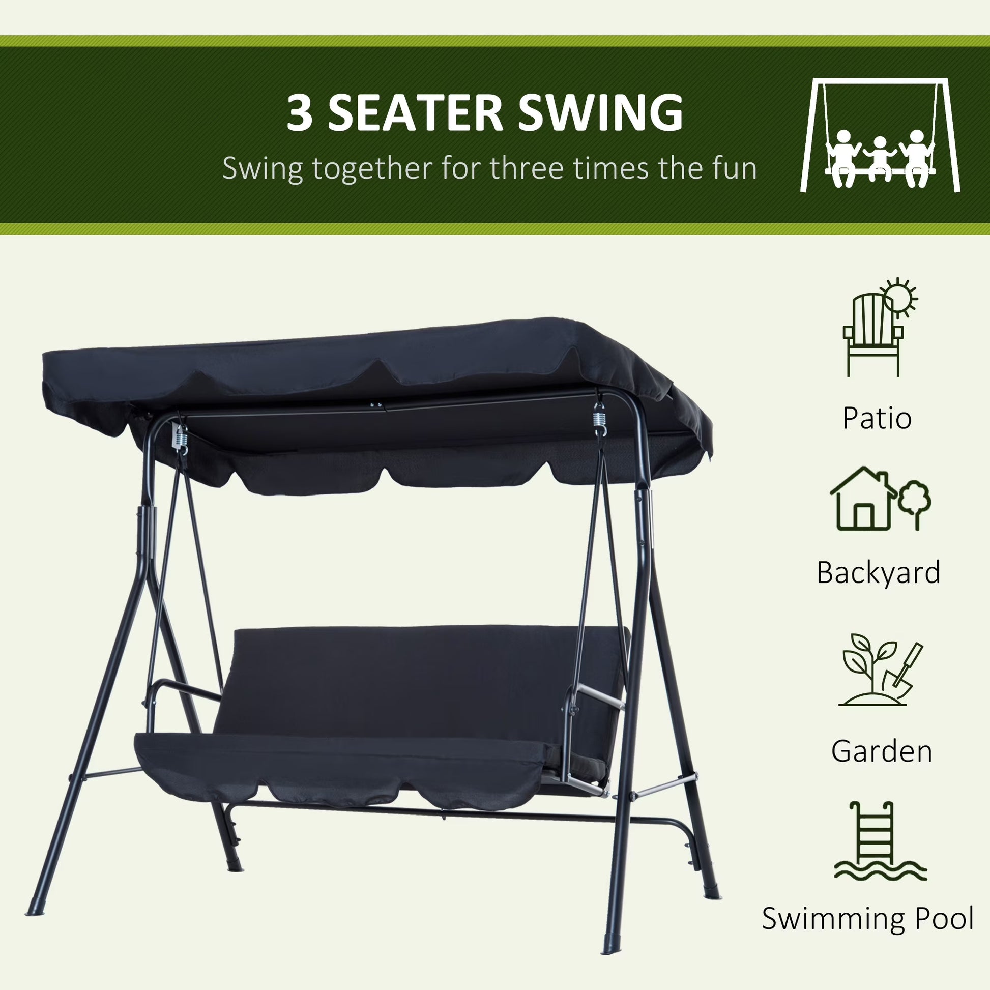 3-Seat Outdoor Patio Swing Chair with Removable Cushion, Steel Frame Stand and Adjustable Tilt Canopy for Patio, Garden, Poolside, Balcony, Backyard, Black