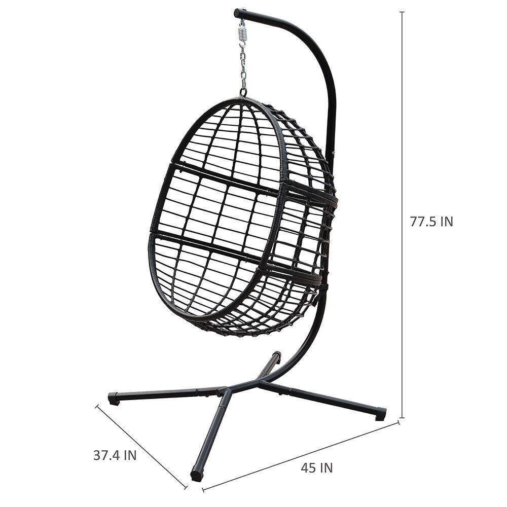 Black 78 In. Wicker Outdoor Basket Swing Chair with Stand and White Cushion