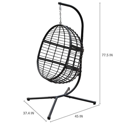 Black 78 In. Wicker Outdoor Basket Swing Chair with Stand and White Cushion