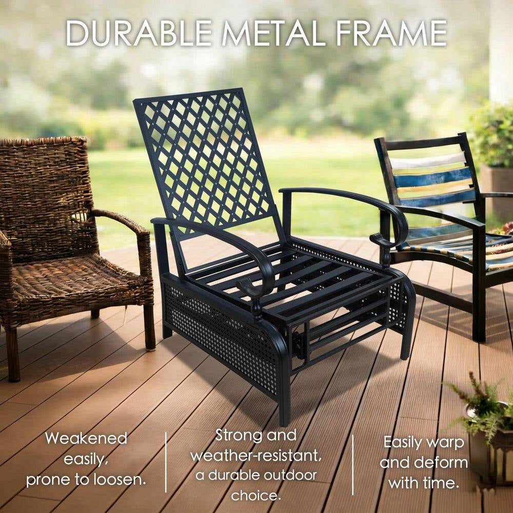 Black Metal Outdoor Recliner with Aqua Cushions for Outdoor Reading, Sunbathing or Relaxation