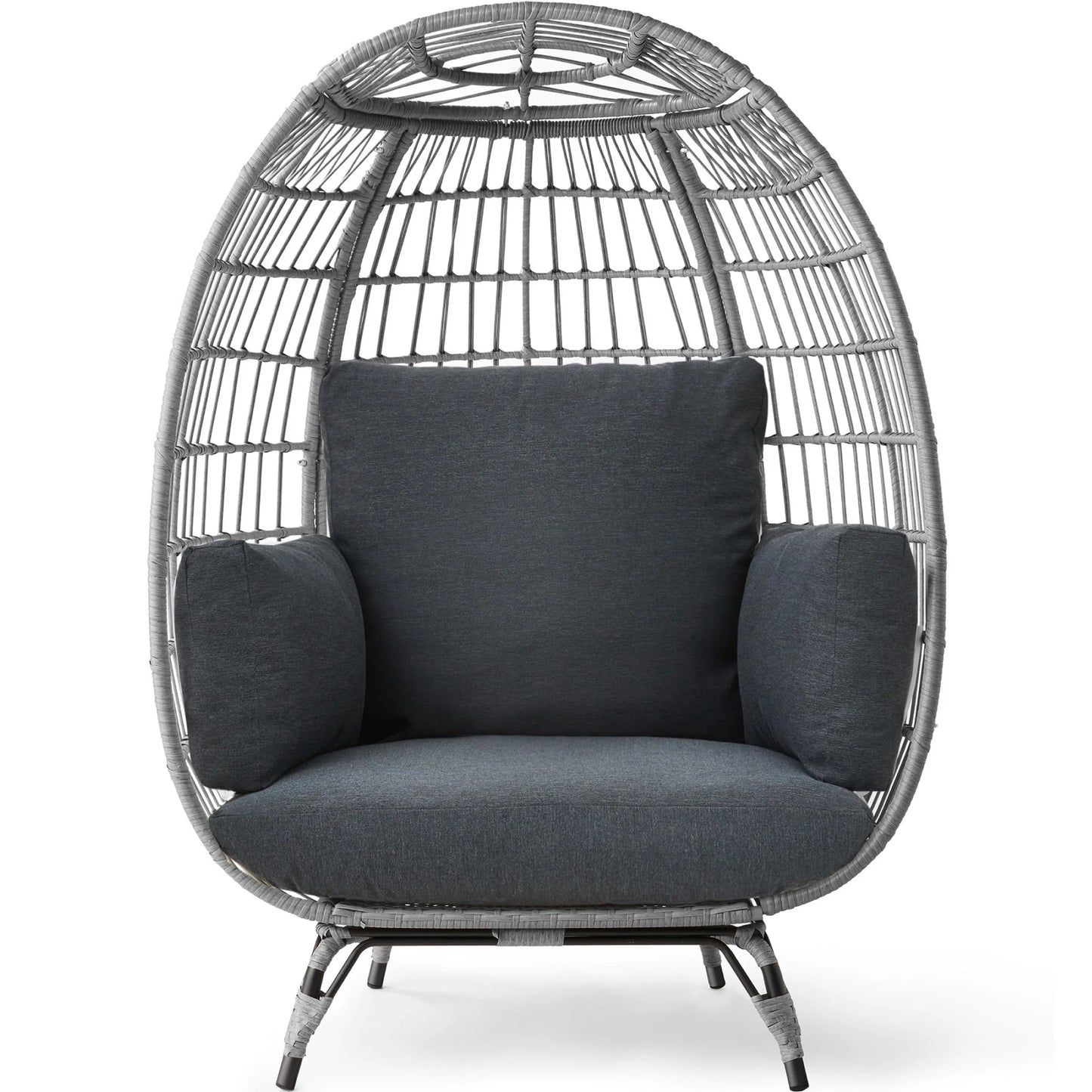 Wicker Egg Chair Oversized Indoor Outdoor Patio Lounger W/ Steel Frame - Gray/Charcoal