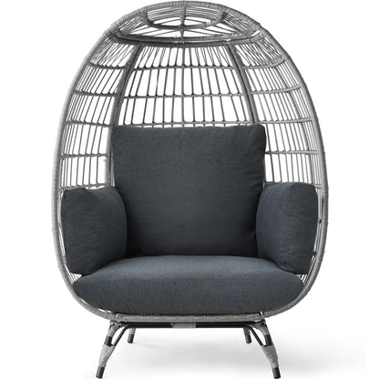 Wicker Egg Chair Oversized Indoor Outdoor Patio Lounger W/ Steel Frame - Gray/Charcoal