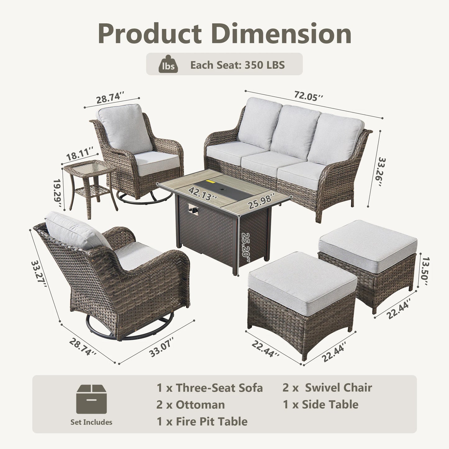 7 -Piece Wicker Patio Conversation Set with Gray Cushions Included