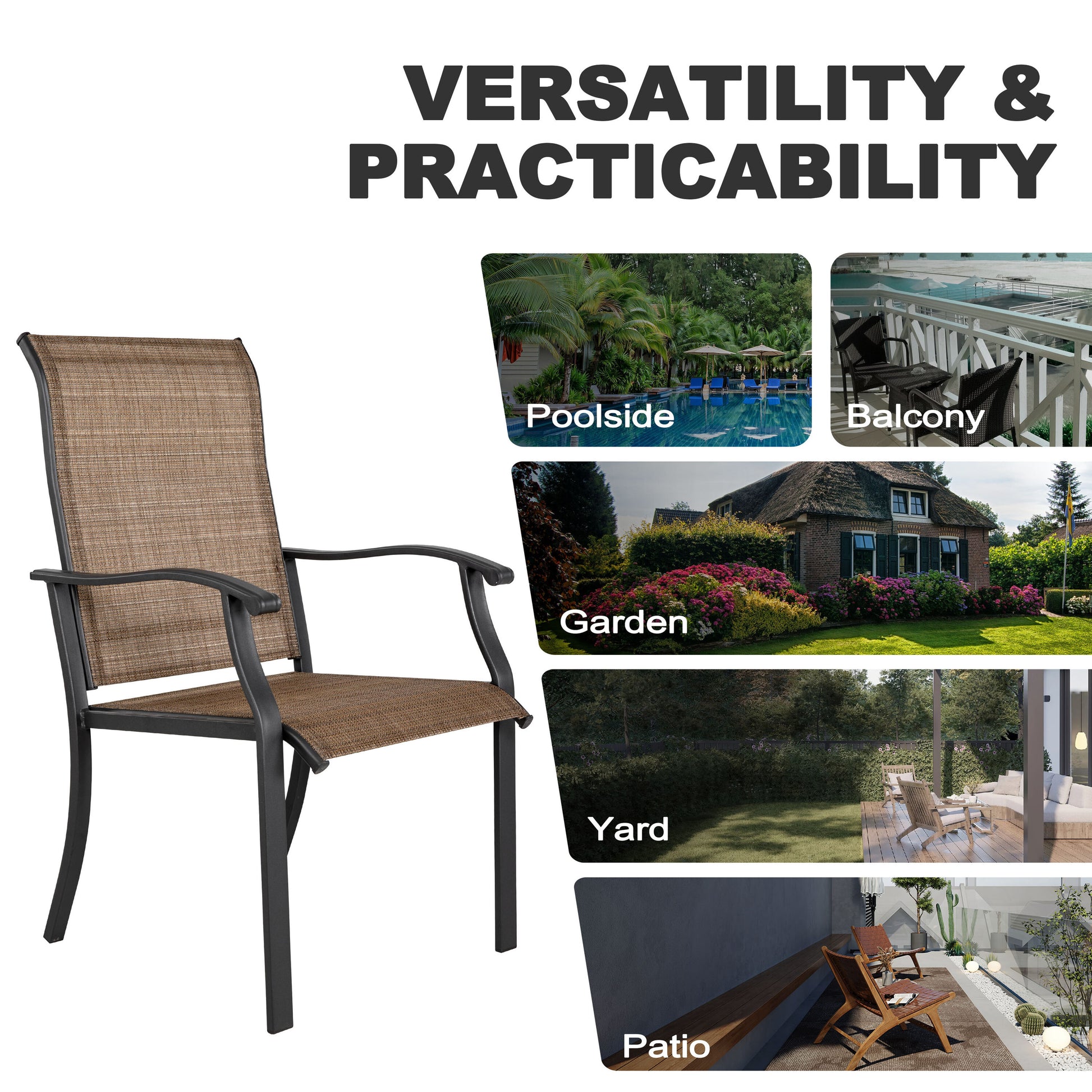 7 -Piece Black Patio Dining Set Iron Rectangle Table with 6 Brown Stationary Chairs