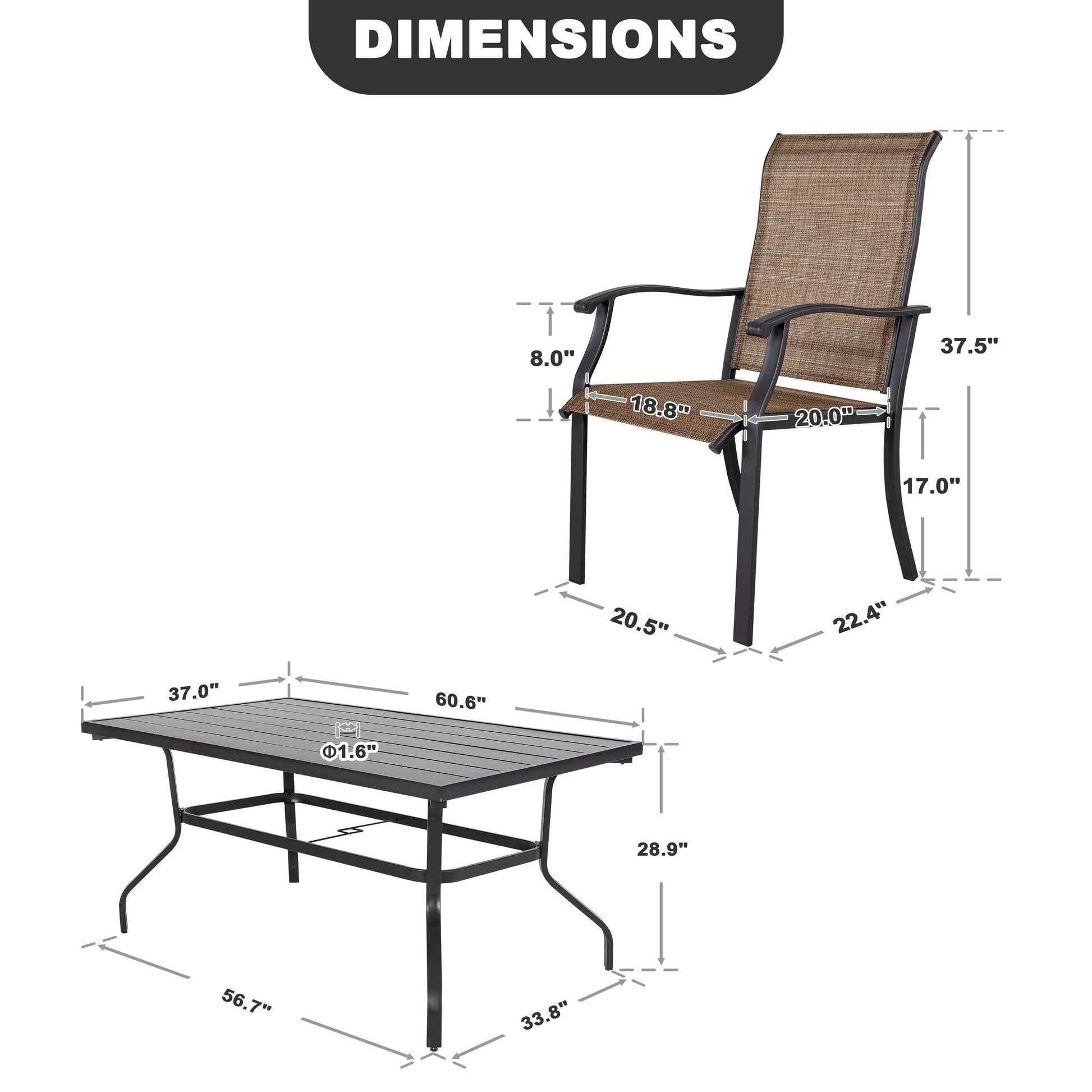 7 -Piece Black Patio Dining Set Iron Rectangle Table with 6 Brown Stationary Chairs