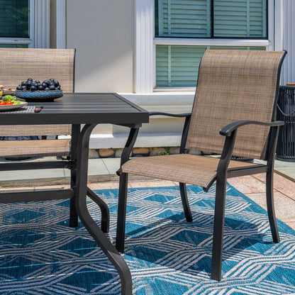 7 -Piece Black Patio Dining Set Iron Rectangle Table with 6 Brown Stationary Chairs