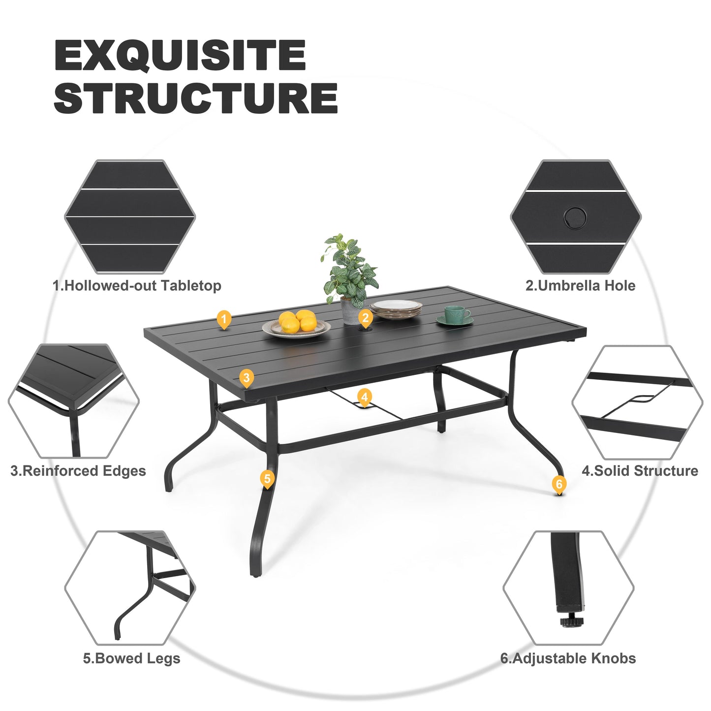 7 -Piece Black Patio Dining Set Iron Rectangle Table with 6 Brown Stationary Chairs