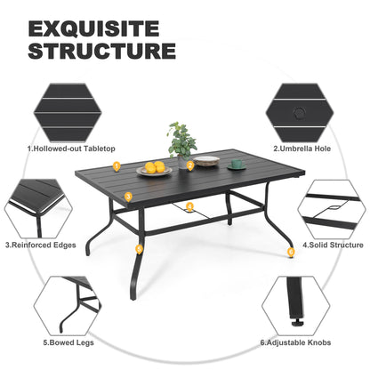7 -Piece Black Patio Dining Set Iron Rectangle Table with 6 Brown Stationary Chairs