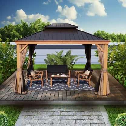 Apollo 10 Ft. X 12 Ft. Wood like Aluminum Hardtop Gazebo with Galvanized Steel Roof and Mosquito Net