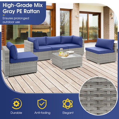 6 Piece Patio Conversation Sofa Set with Tempered Glass Coffee Table