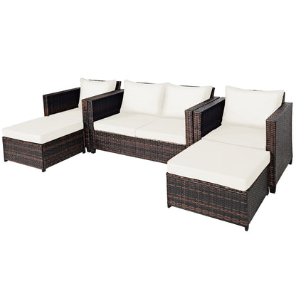 5PCS Patio Rattan Furniture Set Loveseat Sofa Ottoman Cushioned White