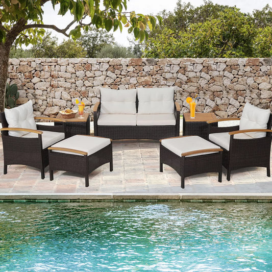 Costway 7PCS Patio Rattan Furniture Set Cushion Armrest Loveseat Ottoman Table