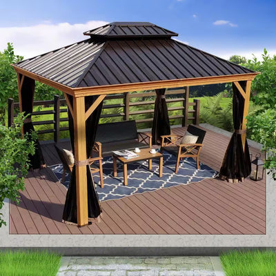 10 Ft. X 12 Ft. Wood like Aluminum Hardtop Gazebo with Galvanized Steel Roof and Mosquito Net
