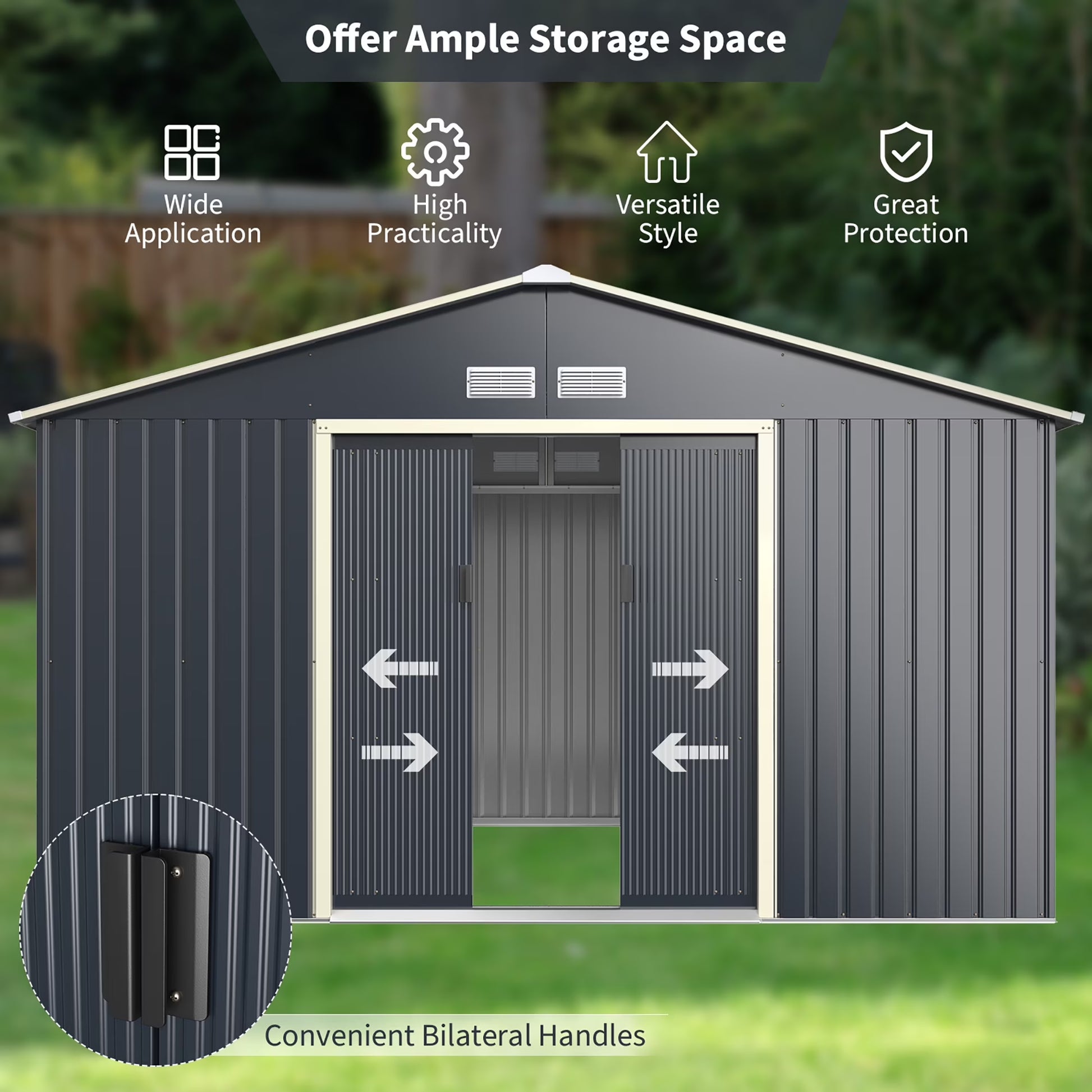 Metal Storage Shed for Garden and Tools W/Sliding Double Lockable Doors