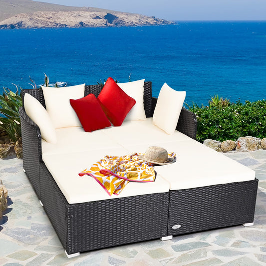 Outdoor Patio Rattan Daybed Pillows Cushioned Sofa Furniture Navy