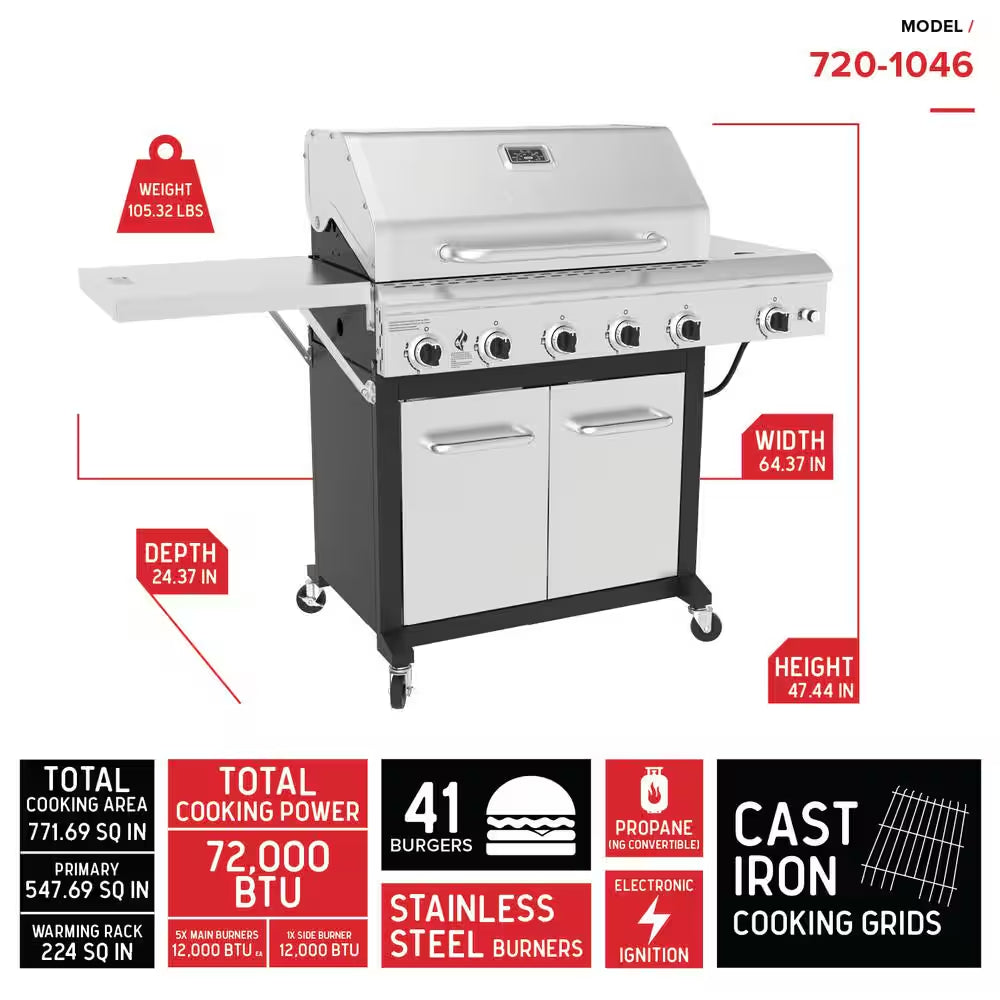 5-Burner Propane Gas Grill in Stainless Steel with Side Burner and Foldable Side Shelf