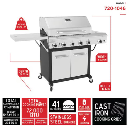 5-Burner Propane Gas Grill in Stainless Steel with Side Burner and Foldable Side Shelf