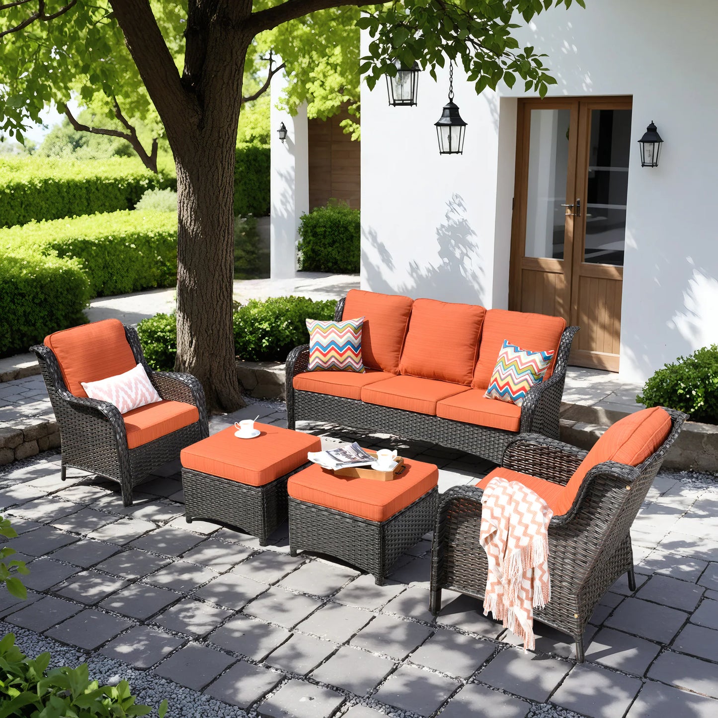 5 -Piece Wicker Patio Conversation Set with Gray Cushions Included