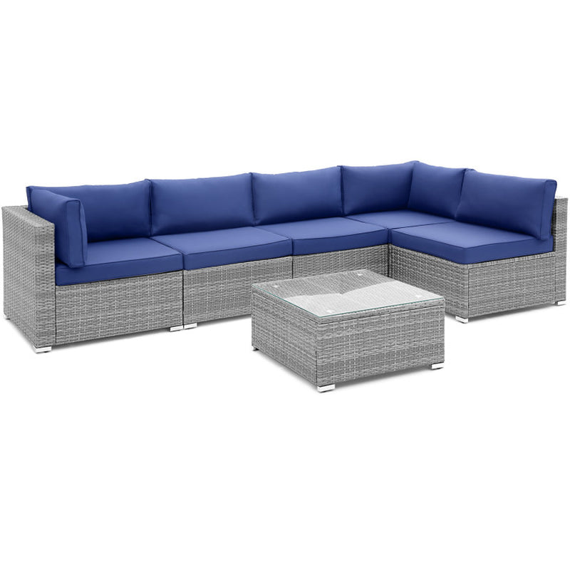 6 Piece Patio Conversation Sofa Set with Tempered Glass Coffee Table