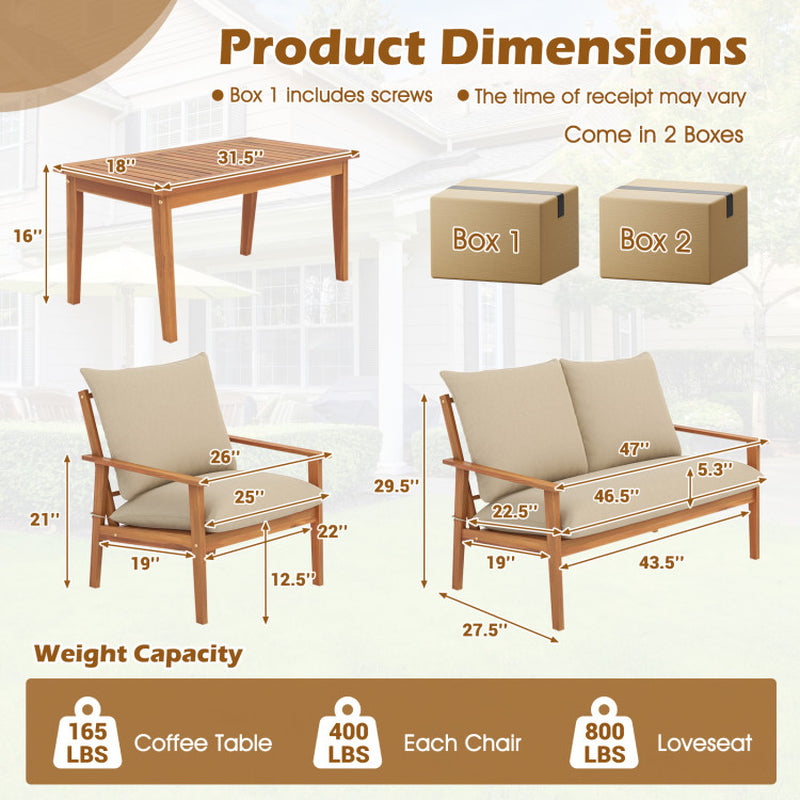 4 Pieces Outdoor Acacia Wood Conversation Set with Soft Cushions and Coffee Table