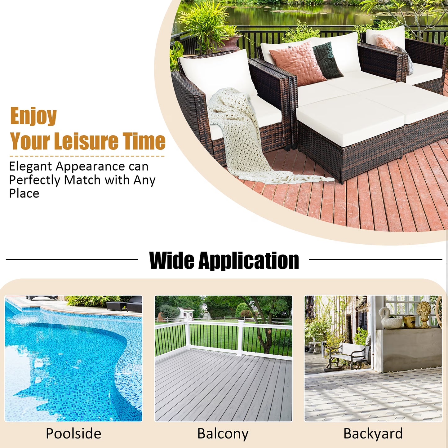 5PCS Patio Rattan Furniture Set Loveseat Sofa Ottoman Cushioned White