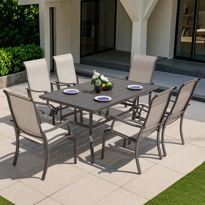 7 -Piece Black Patio Dining Set Iron Rectangle Table with 6 Brown Stationary Chairs
