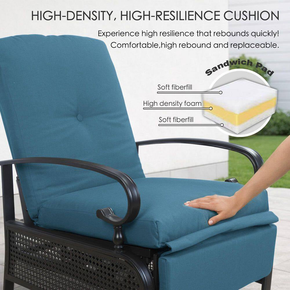 Black Metal Outdoor Recliner with Aqua Cushions for Outdoor Reading, Sunbathing or Relaxation