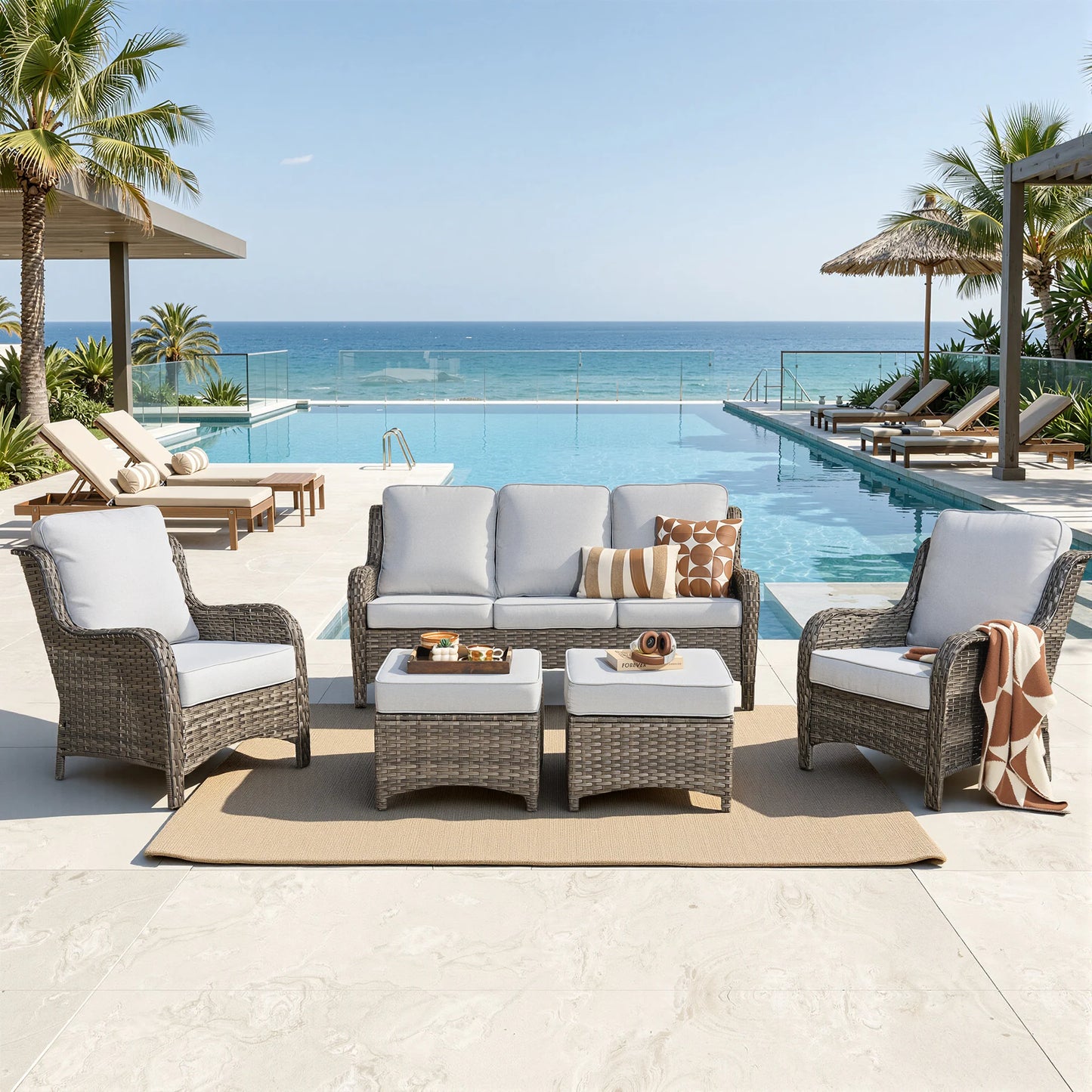 5 -Piece Wicker Patio Conversation Set with Gray Cushions Included