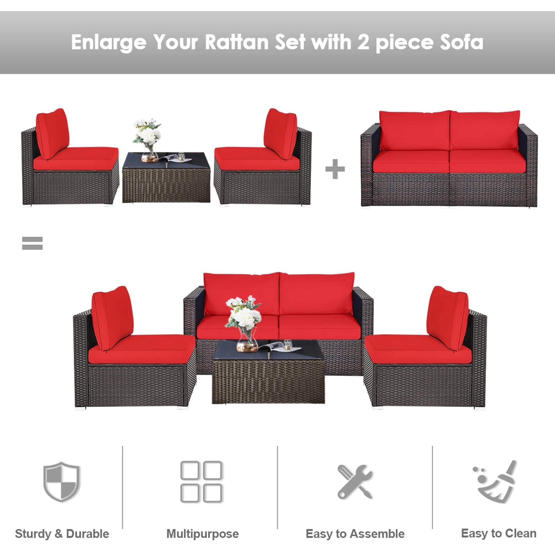 2PCS Rattan Corner Sofa Set Patio Outdoor Furniture Set W/ 4 Red Cushions