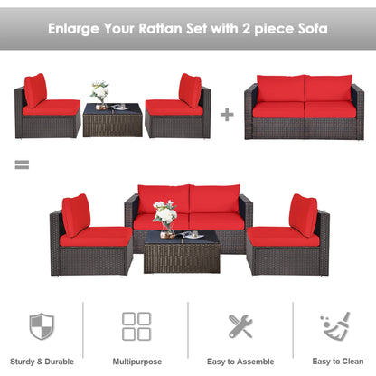 2PCS Rattan Corner Sofa Set Patio Outdoor Furniture Set W/ 4 Red Cushions