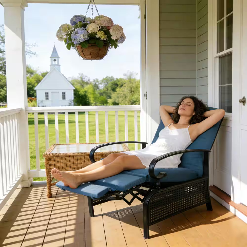 Black Metal Outdoor Recliner with Aqua Cushions for Outdoor Reading, Sunbathing or Relaxation