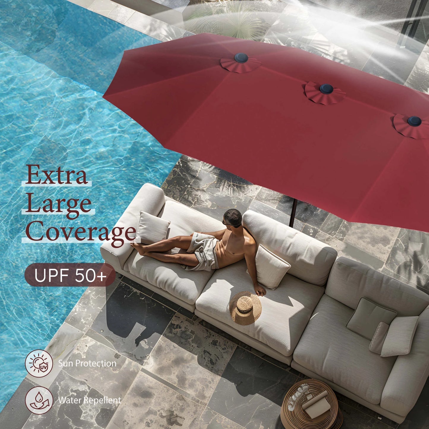 15 Ft Large Patio Umbrella with Base (Included) Double-Sided Rectangular Outdoor Deck Umbrella for outside - Burgundy