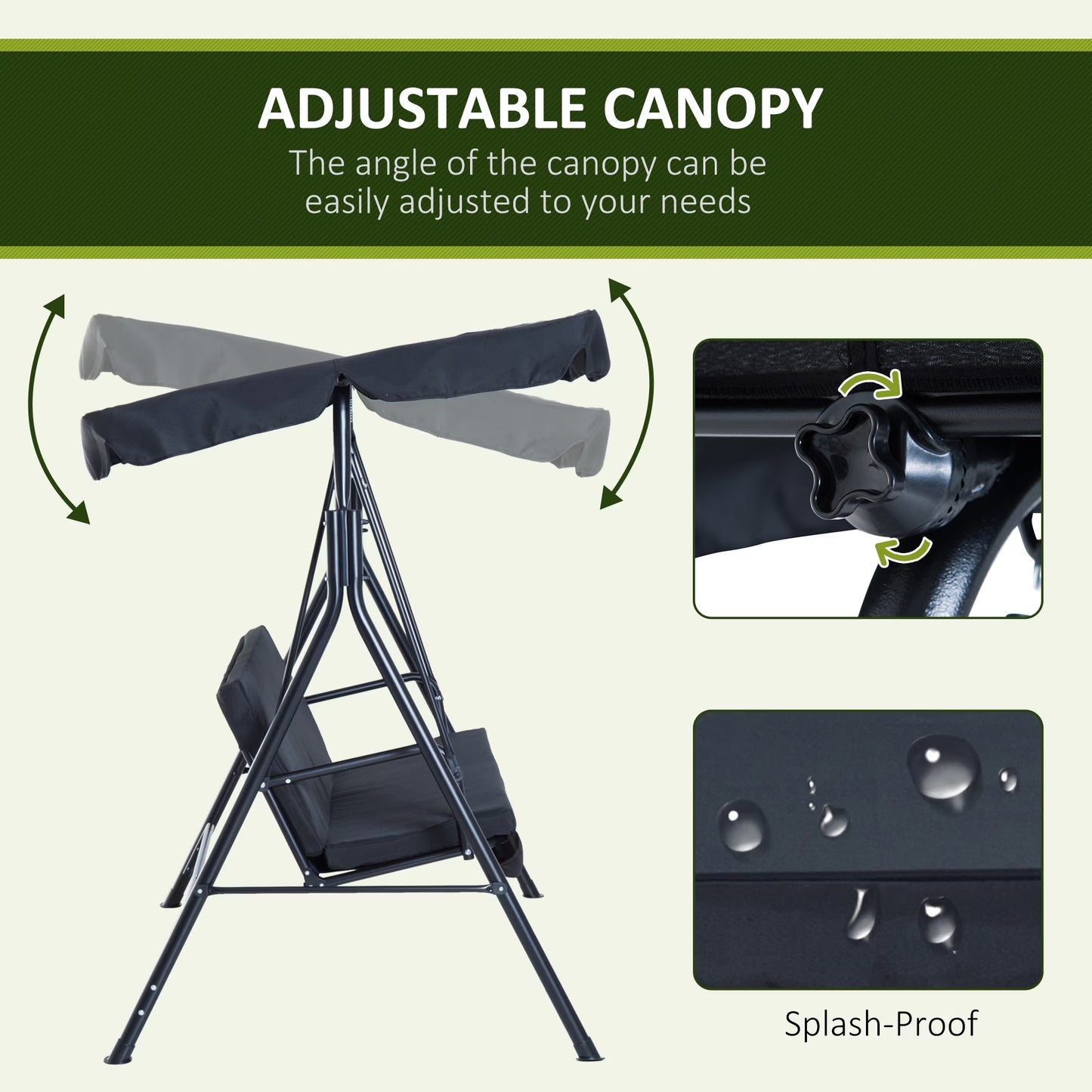 3-Seat Outdoor Patio Swing Chair with Removable Cushion, Steel Frame Stand and Adjustable Tilt Canopy for Patio, Garden, Poolside, Balcony, Backyard, Black