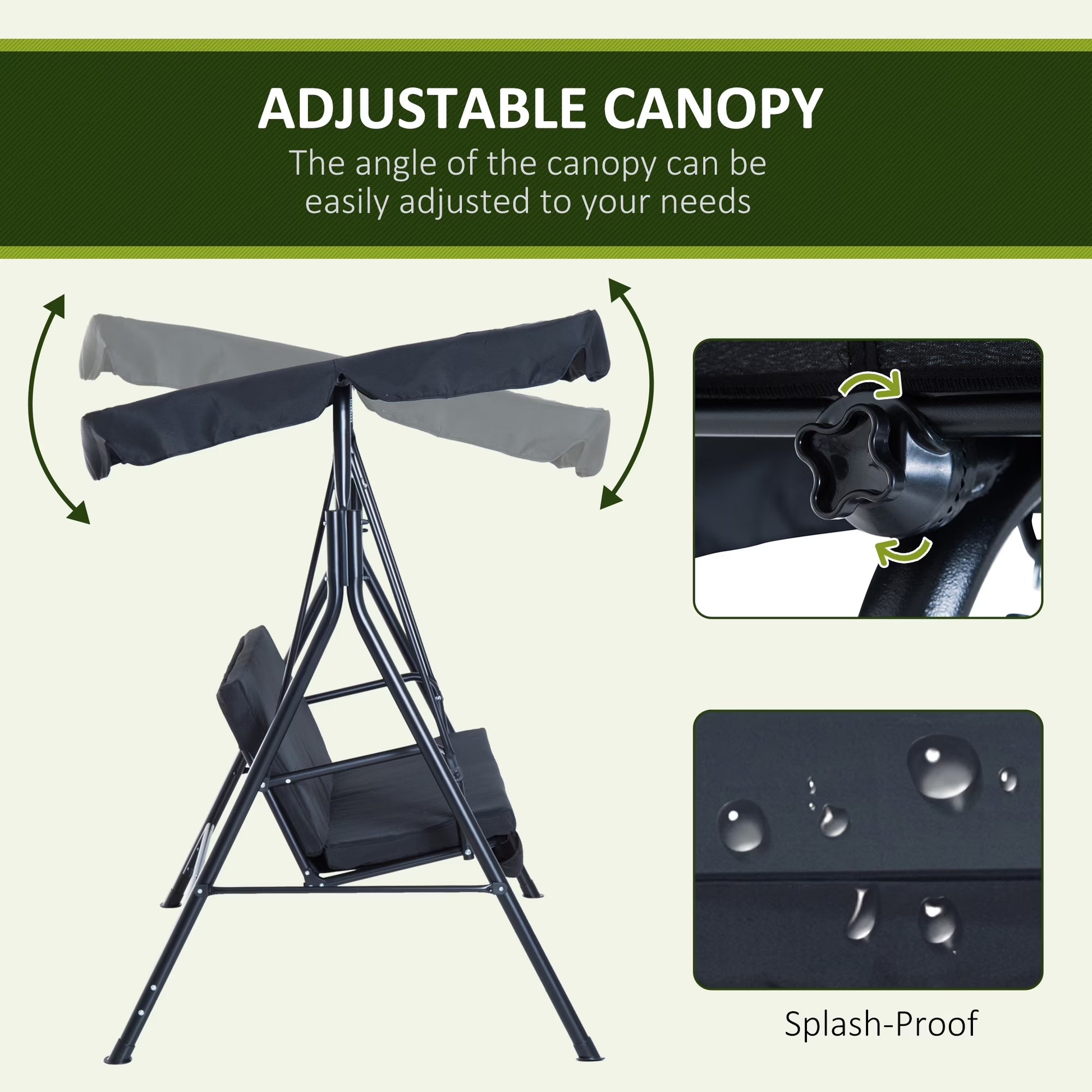 3-Seat Outdoor Patio Swing Chair with Removable Cushion, Steel Frame Stand and Adjustable Tilt Canopy for Patio, Garden, Poolside, Balcony, Backyard, Black