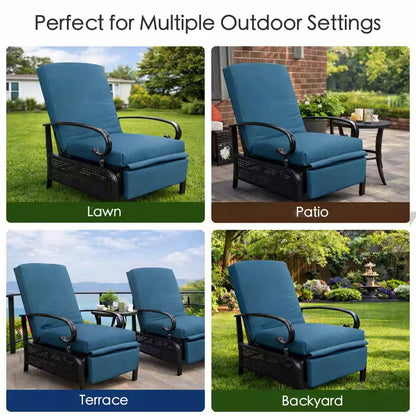 Black Metal Outdoor Recliner with Aqua Cushions for Outdoor Reading, Sunbathing or Relaxation