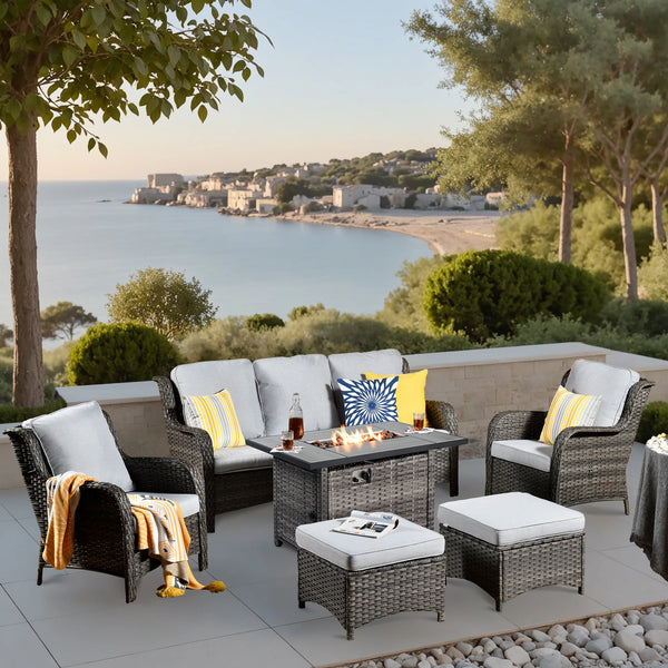 New Kenard 6 -Piece Rattan Patio Conversation Set with Gray Cushions Included