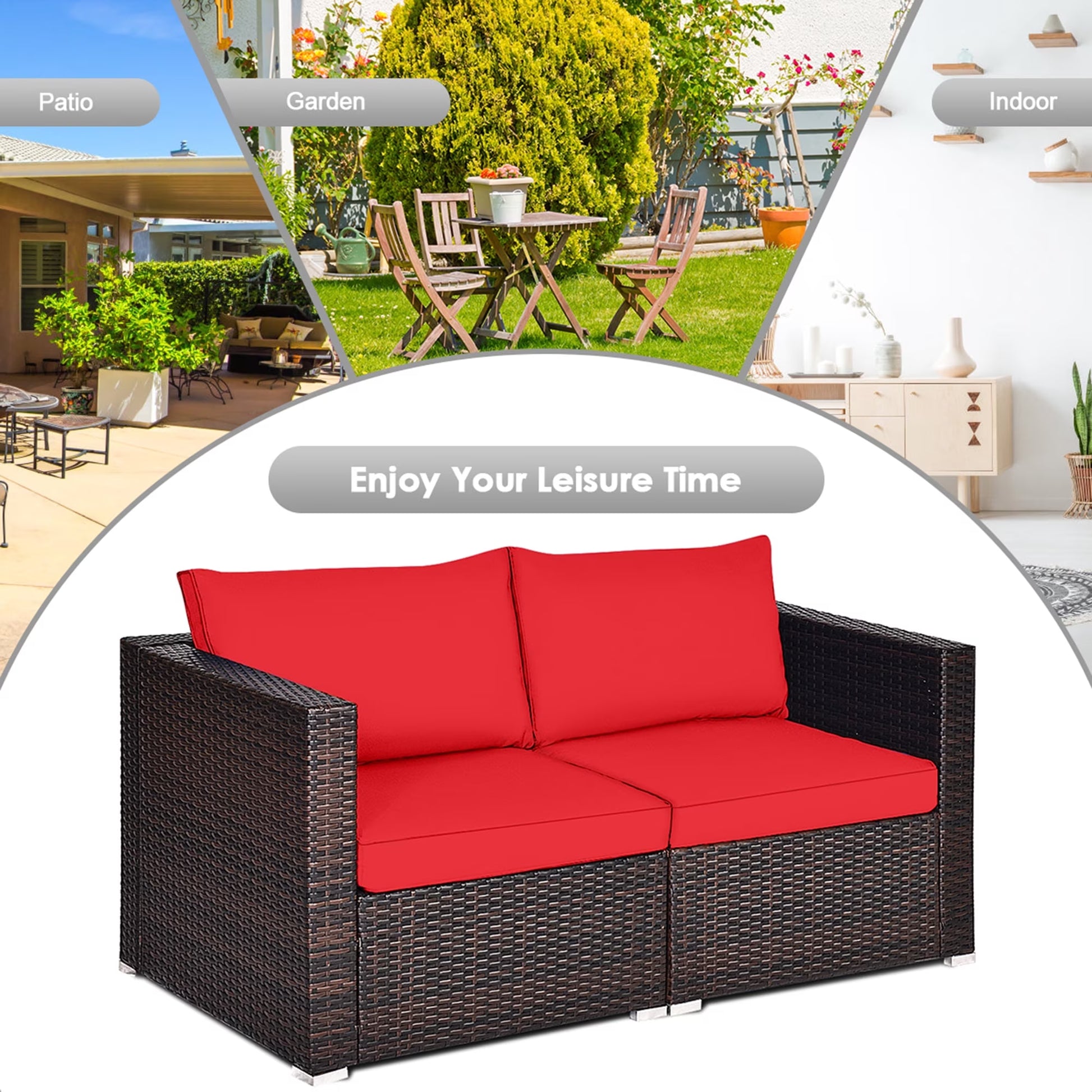 2PCS Rattan Corner Sofa Set Patio Outdoor Furniture Set W/ 4 Red Cushions