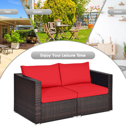 2PCS Rattan Corner Sofa Set Patio Outdoor Furniture Set W/ 4 Red Cushions