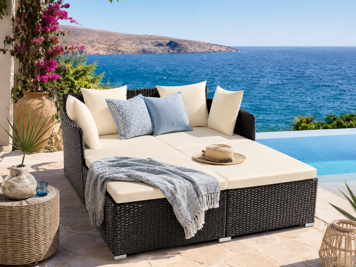 Outdoor Patio Rattan Daybed Pillows Cushioned Sofa Furniture Navy