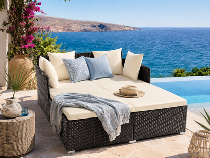 Outdoor Patio Rattan Daybed Pillows Cushioned Sofa Furniture Navy