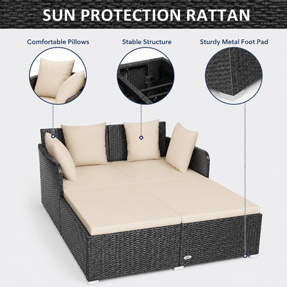 Outdoor Patio Rattan Daybed Pillows Cushioned Sofa Furniture Navy