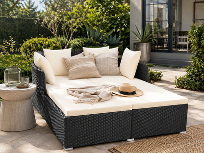 Outdoor Patio Rattan Daybed Pillows Cushioned Sofa Furniture Navy
