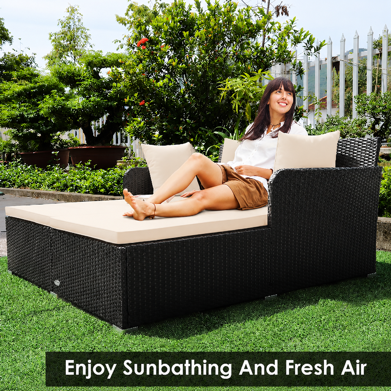 Outdoor Patio Rattan Daybed Pillows Cushioned Sofa Furniture Navy
