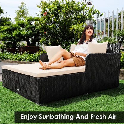 Outdoor Patio Rattan Daybed Pillows Cushioned Sofa Furniture Navy
