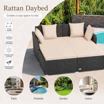 Outdoor Patio Rattan Daybed Pillows Cushioned Sofa Furniture Navy