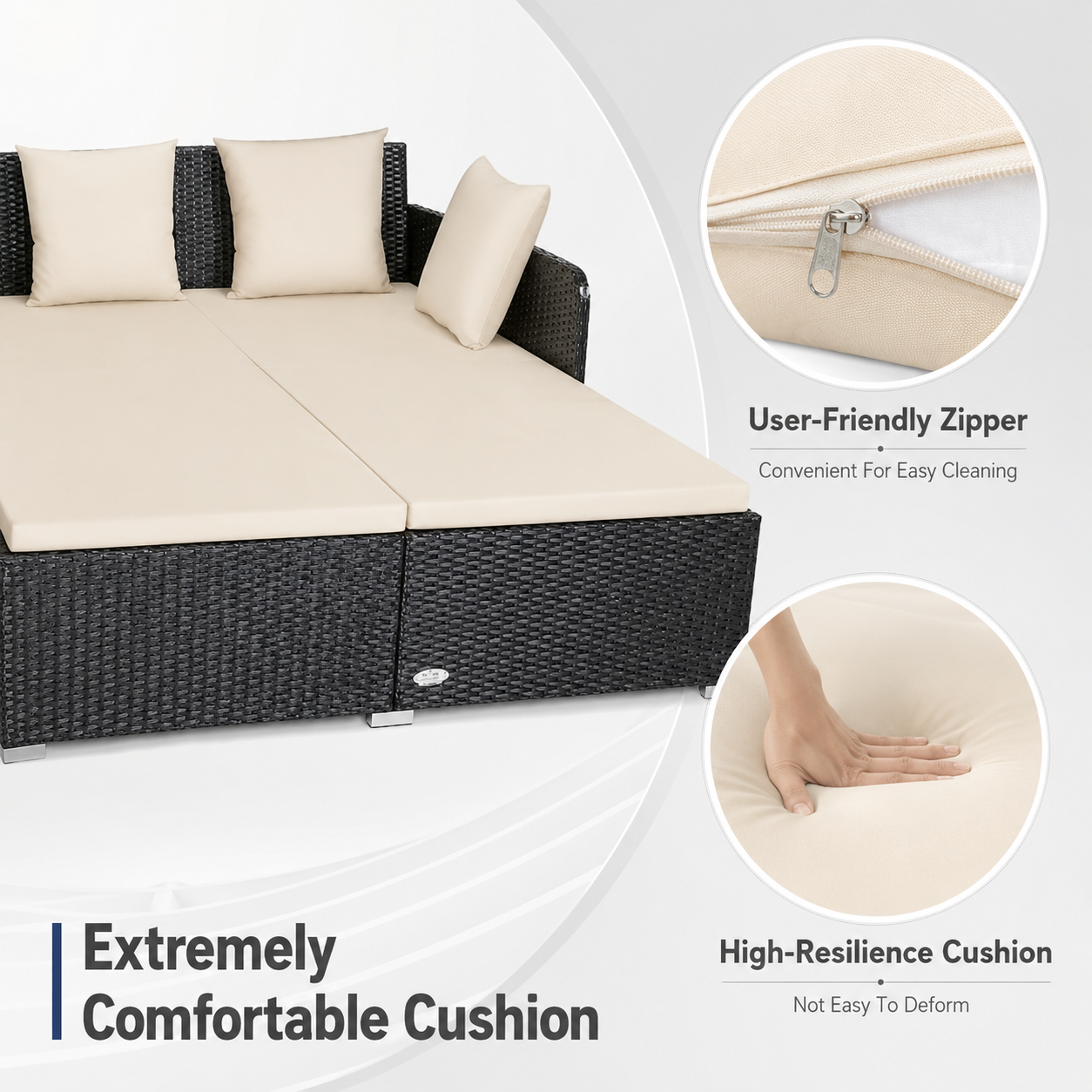 Outdoor Patio Rattan Daybed Pillows Cushioned Sofa Furniture Navy