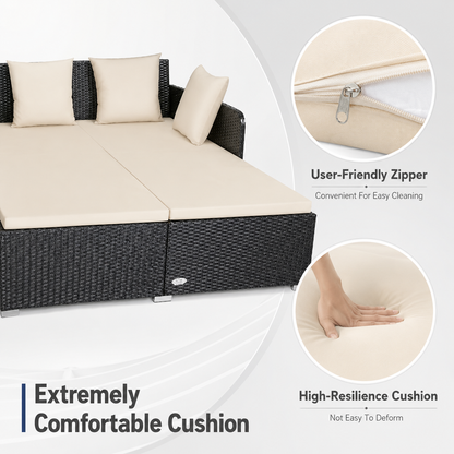Outdoor Patio Rattan Daybed Pillows Cushioned Sofa Furniture Navy