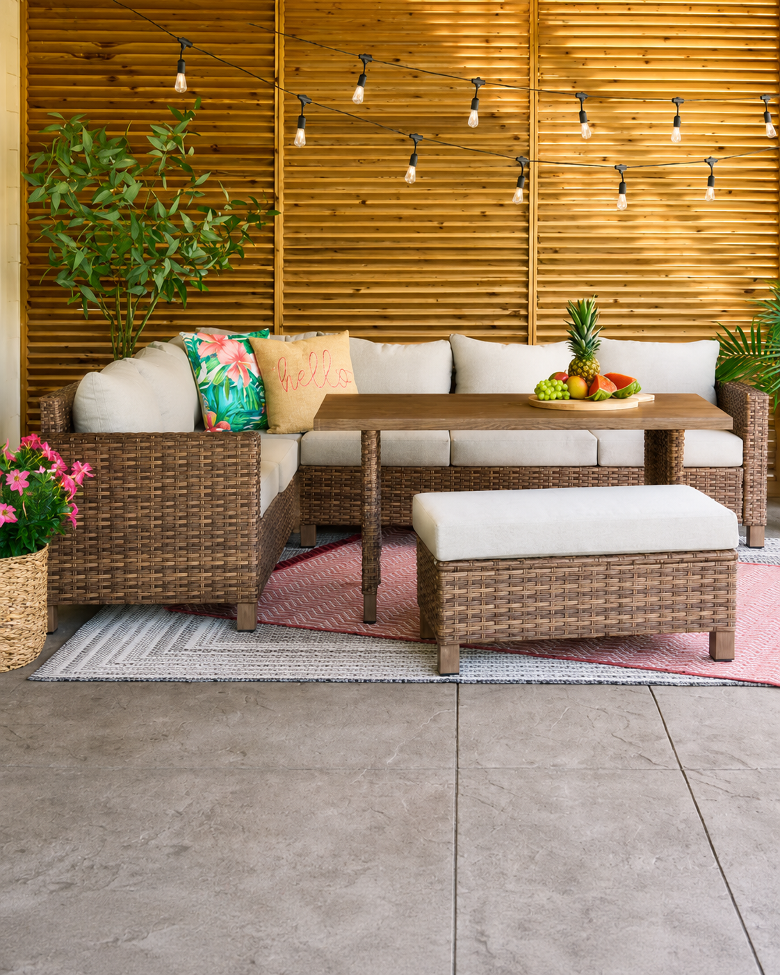 Brookbury 4-Piece Outdoor Wicker Patio Sectional Dining Set, Beige Cushions
