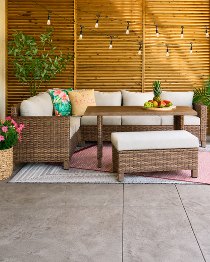Brookbury 4-Piece Outdoor Wicker Patio Sectional Dining Set, Beige Cushions